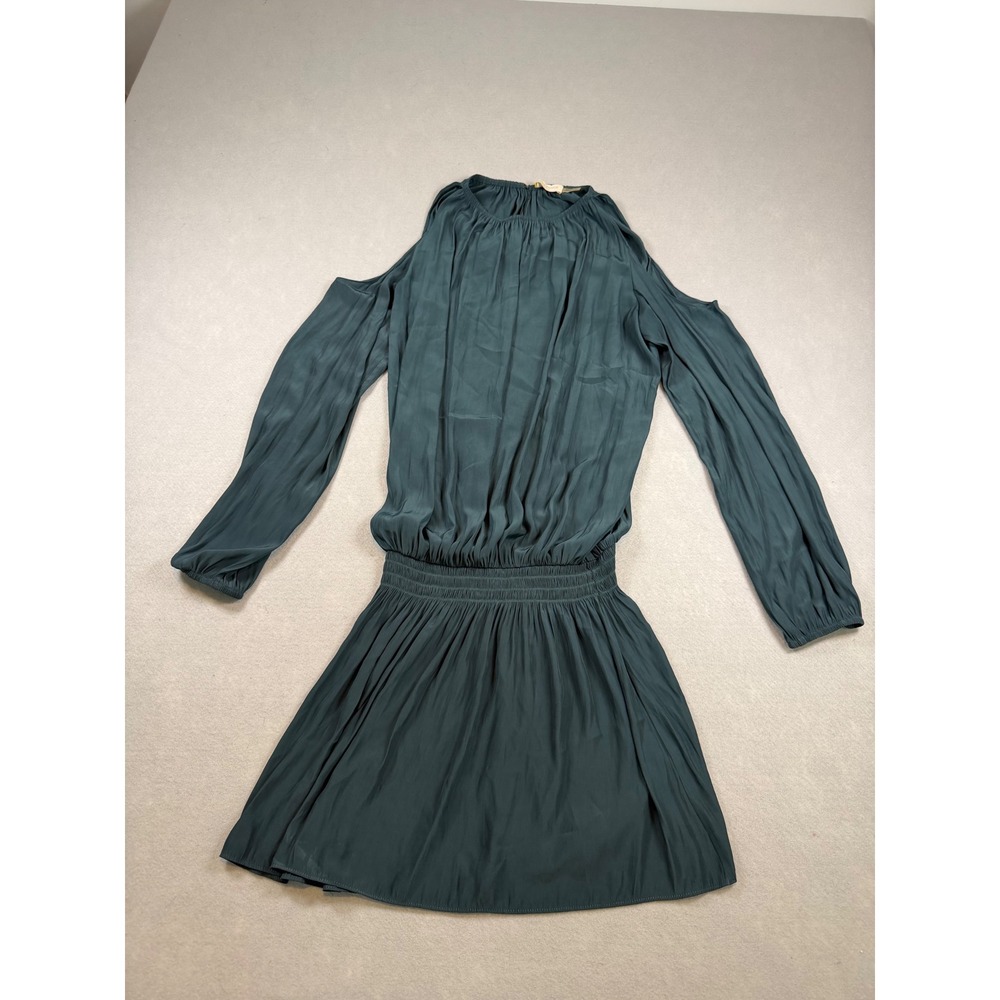 Ramy Brook Cold Shoulder Smocked Waist Mini Dress Teal Green Silk Blend Small